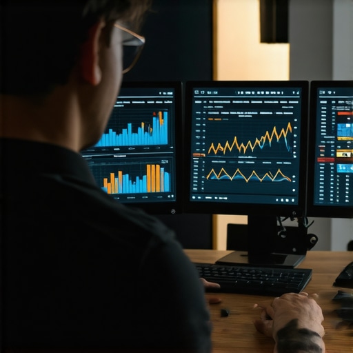A person reviewing website analytics and SEO data on two monitors, emphasizing analytics tools
