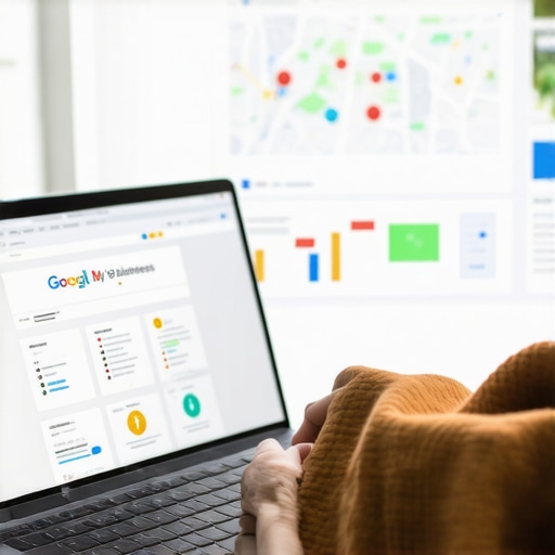 Person updating GMB profile on laptop with local SEO elements in the background.