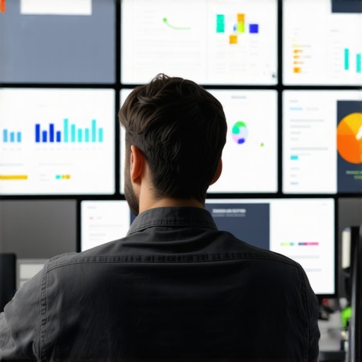 Digital marketer analyzing SEO and PPC dashboards in a contemporary office