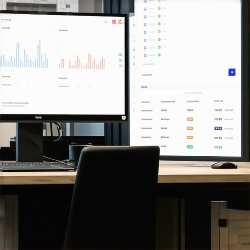 A modern desk with multiple monitors showing SEO tools and analytics dashboards.