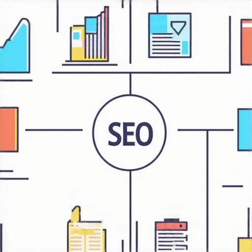 A diagram illustrating essential technical SEO elements such as URL structure, site speed, schema markup, and crawlability.