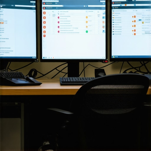 A workspace with monitors showing analytics dashboards and SEO tools for campaign management.