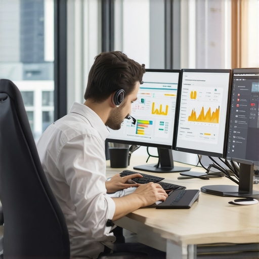 Web maintenance tools in action A technician monitoring website analytics and SEO tools on a desktop screen