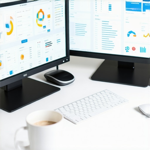A workspace with screens displaying SEO and website maintenance tools, symbolizing website upkeep