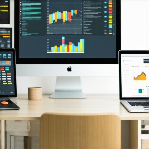 Desktop with monitors open to website analytics and SEO tools.