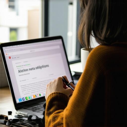Person typing on a laptop with notes about meta descriptions