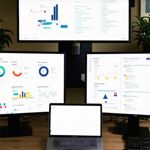 A professional workspace showing various digital marketing tools and technical SEO data visualizations.