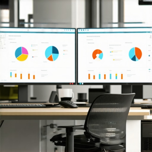 A modern marketing office setup with SEO auditing tools and data analytics on screen.