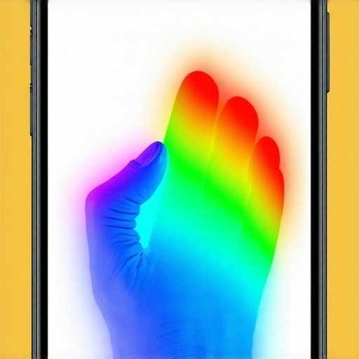 A heatmap showing the reach of a human thumb on a mobile screen for UX design optimization.