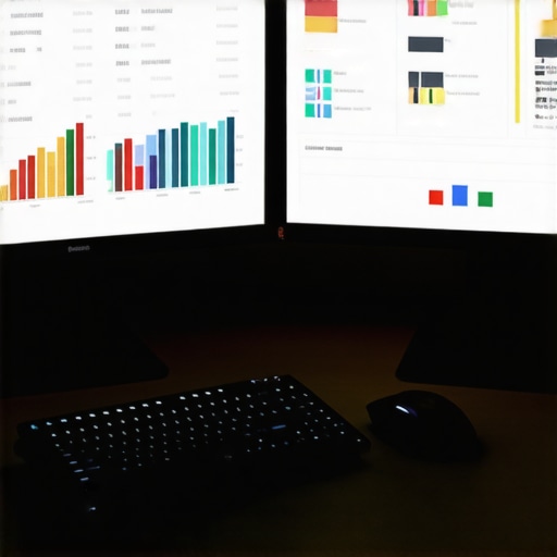 Professional workspace showing a dual-monitor setup with SEO data and web design software.