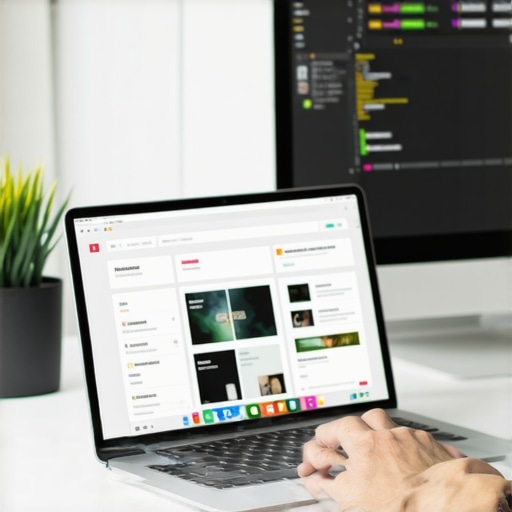 A web designer testing a responsive tablet layout on an iPad Pro and a large monitor.