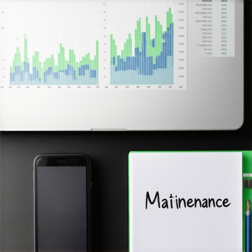 Professional Digital Marketing Maintenance Workspace A desk with a laptop displaying SEO data and a smartphone for mobile testing.