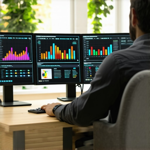 A person auditing a website's technical SEO and PPC performance on high-resolution screens.