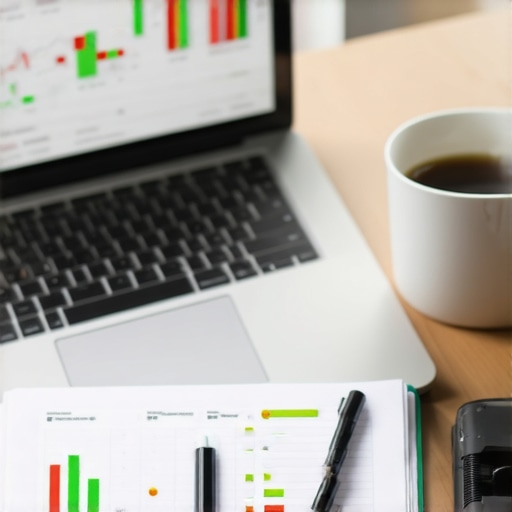 A professional workspace showing a technical SEO audit on a laptop screen with performance graphs.